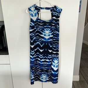 Jennifer Lopez Blue, Black and White Zebra Patterned Midi Dress. Size 12